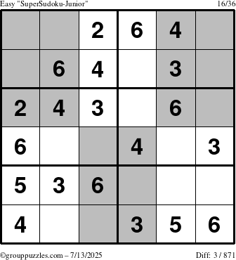 The grouppuzzles.com Easy SuperSudoku-Junior puzzle for Sunday July 13, 2025