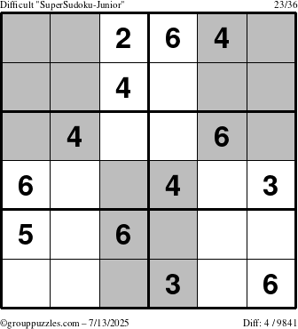 The grouppuzzles.com Difficult SuperSudoku-Junior puzzle for Sunday July 13, 2025