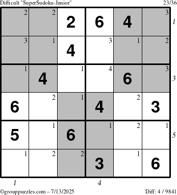 The grouppuzzles.com Difficult SuperSudoku-Junior puzzle for Sunday July 13, 2025, suitable for printing, with all 4 steps marked