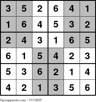 The grouppuzzles.com Answer grid for the SuperSudoku-Junior puzzle for Sunday July 13, 2025
