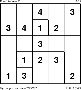 The grouppuzzles.com Easy Sudoku-5 puzzle for Sunday July 13, 2025