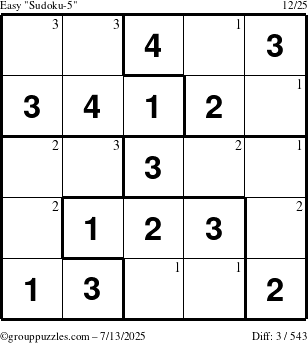 The grouppuzzles.com Easy Sudoku-5 puzzle for Sunday July 13, 2025 with the first 3 steps marked