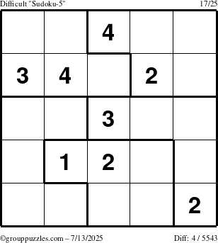 The grouppuzzles.com Difficult Sudoku-5 puzzle for Sunday July 13, 2025