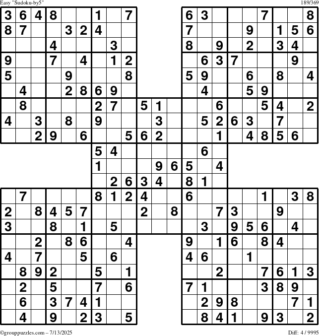 The grouppuzzles.com Easy Sudoku-by5 puzzle for Sunday July 13, 2025
