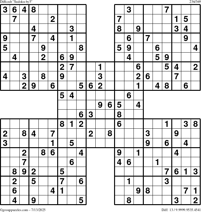 The grouppuzzles.com Difficult Sudoku-by5 puzzle for Sunday July 13, 2025