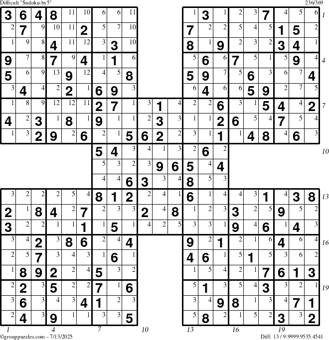 The grouppuzzles.com Difficult Sudoku-by5 puzzle for Sunday July 13, 2025 with all 13 steps marked