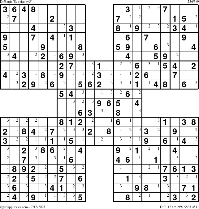 The grouppuzzles.com Difficult Sudoku-by5 puzzle for Sunday July 13, 2025 with the first 3 steps marked