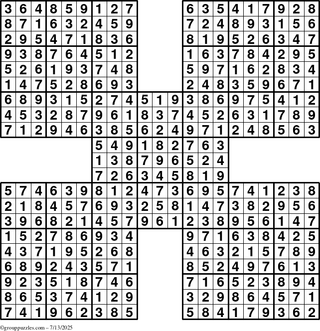 The grouppuzzles.com Answer grid for the Sudoku-by5 puzzle for Sunday July 13, 2025