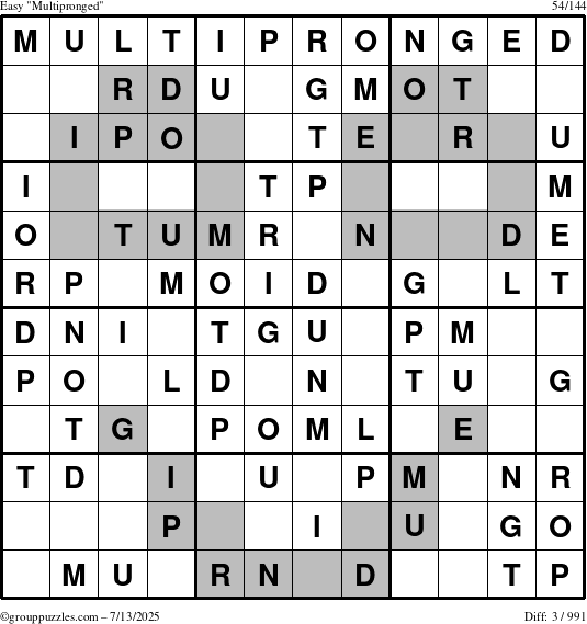 The grouppuzzles.com Easy Multipronged puzzle for Sunday July 13, 2025