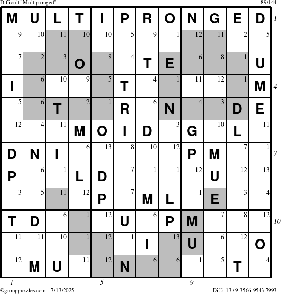 The grouppuzzles.com Difficult Multipronged puzzle for Sunday July 13, 2025 with all 13 steps marked