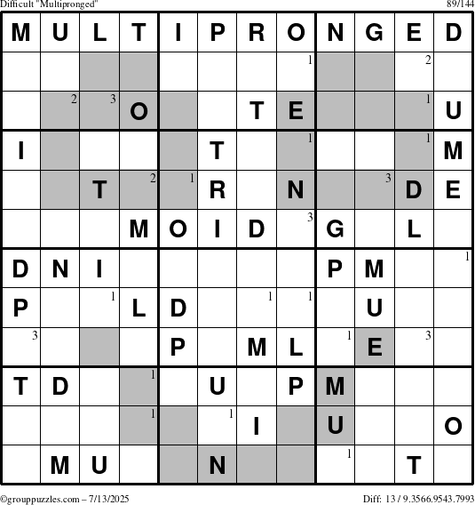 The grouppuzzles.com Difficult Multipronged puzzle for Sunday July 13, 2025 with the first 3 steps marked