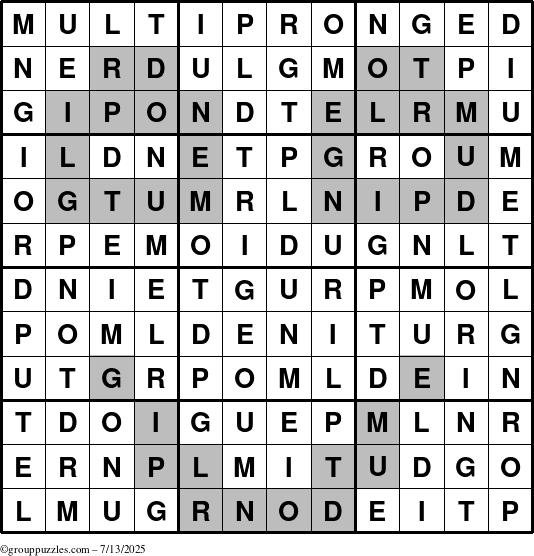 The grouppuzzles.com Answer grid for the Multipronged puzzle for Sunday July 13, 2025