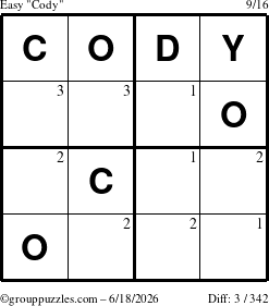The grouppuzzles.com Easy Cody puzzle for Thursday June 18, 2026 with the first 3 steps marked