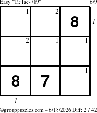 The grouppuzzles.com Easy TicTac-789 puzzle for Thursday June 18, 2026 with all 2 steps marked