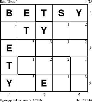 The grouppuzzles.com Easy Betsy puzzle for Thursday June 18, 2026 with all 3 steps marked