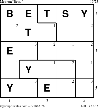The grouppuzzles.com Medium Betsy puzzle for Thursday June 18, 2026 with all 3 steps marked