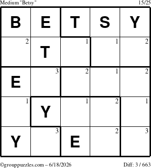 The grouppuzzles.com Medium Betsy puzzle for Thursday June 18, 2026 with the first 3 steps marked