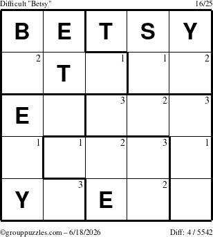 The grouppuzzles.com Difficult Betsy puzzle for Thursday June 18, 2026 with the first 3 steps marked
