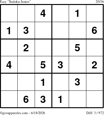 The grouppuzzles.com Easy Sudoku-Junior puzzle for Thursday June 18, 2026