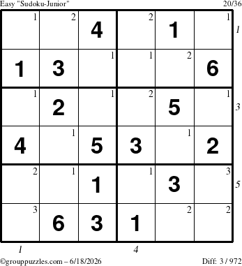 The grouppuzzles.com Easy Sudoku-Junior puzzle for Thursday June 18, 2026 with all 3 steps marked