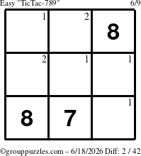 The grouppuzzles.com Easy TicTac-789 puzzle for Thursday June 18, 2026 with the first 2 steps marked