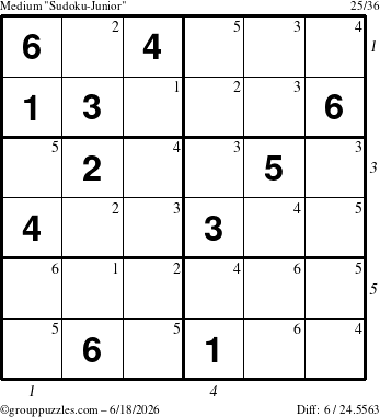 The grouppuzzles.com Medium Sudoku-Junior puzzle for Thursday June 18, 2026, suitable for printing, with all 6 steps marked