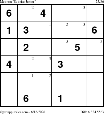 The grouppuzzles.com Medium Sudoku-Junior puzzle for Thursday June 18, 2026 with the first 3 steps marked