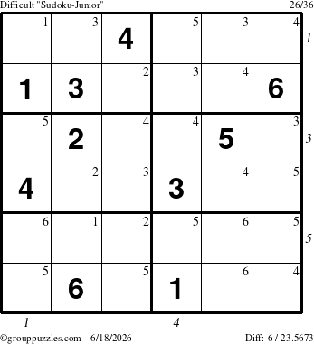 The grouppuzzles.com Difficult Sudoku-Junior puzzle for Thursday June 18, 2026, suitable for printing, with all 6 steps marked