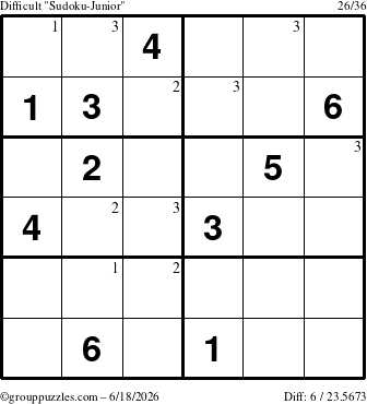 The grouppuzzles.com Difficult Sudoku-Junior puzzle for Thursday June 18, 2026 with the first 3 steps marked