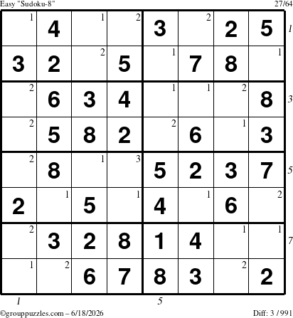 The grouppuzzles.com Easy Sudoku-8 puzzle for Thursday June 18, 2026 with all 3 steps marked