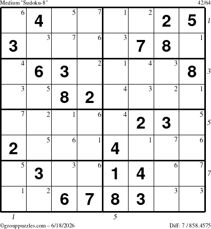 The grouppuzzles.com Medium Sudoku-8 puzzle for Thursday June 18, 2026, suitable for printing, with all 7 steps marked