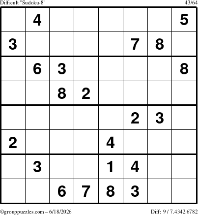The grouppuzzles.com Difficult Sudoku-8 puzzle for Thursday June 18, 2026