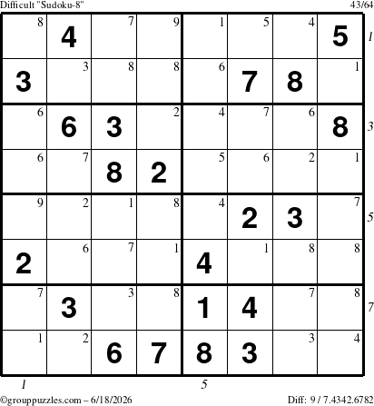 The grouppuzzles.com Difficult Sudoku-8 puzzle for Thursday June 18, 2026, suitable for printing, with all 9 steps marked