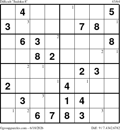 The grouppuzzles.com Difficult Sudoku-8 puzzle for Thursday June 18, 2026 with the first 3 steps marked