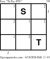 The grouppuzzles.com Easy TicTac-STU puzzle for Thursday June 18, 2026 with all 2 steps marked