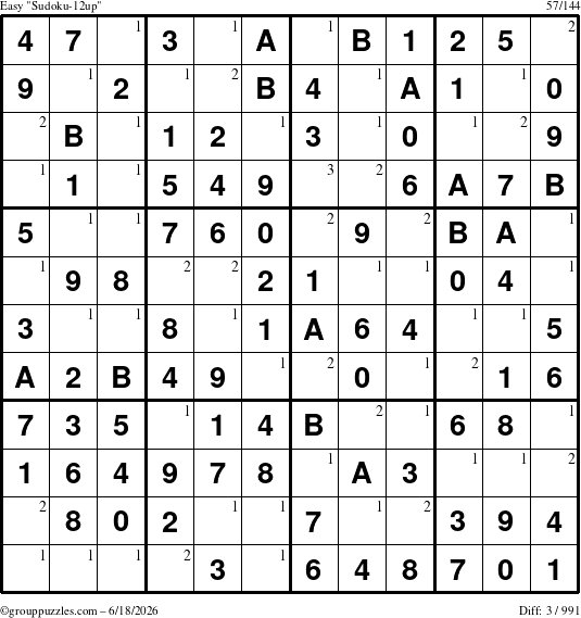 The grouppuzzles.com Easy Sudoku-12up puzzle for Thursday June 18, 2026 with the first 3 steps marked