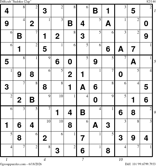 The grouppuzzles.com Difficult Sudoku-12up puzzle for Thursday June 18, 2026 with all 10 steps marked
