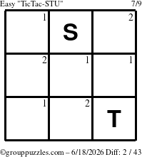 The grouppuzzles.com Easy TicTac-STU puzzle for Thursday June 18, 2026 with the first 2 steps marked