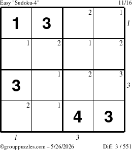 The grouppuzzles.com Easy Sudoku-4 puzzle for Tuesday May 26, 2026, suitable for printing, with all 3 steps marked