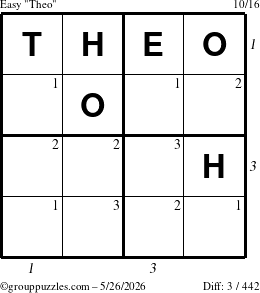 The grouppuzzles.com Easy Theo puzzle for Tuesday May 26, 2026 with all 3 steps marked