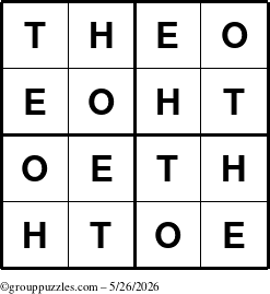 The grouppuzzles.com Answer grid for the Theo puzzle for Tuesday May 26, 2026