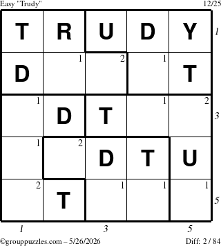 The grouppuzzles.com Easy Trudy puzzle for Tuesday May 26, 2026 with all 2 steps marked