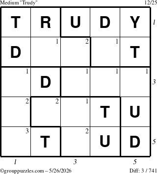 The grouppuzzles.com Medium Trudy puzzle for Tuesday May 26, 2026, suitable for printing, with all 3 steps marked