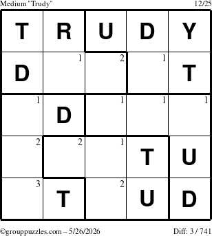 The grouppuzzles.com Medium Trudy puzzle for Tuesday May 26, 2026 with the first 3 steps marked