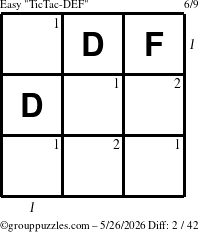 The grouppuzzles.com Easy TicTac-DEF puzzle for Tuesday May 26, 2026, suitable for printing, with all 2 steps marked