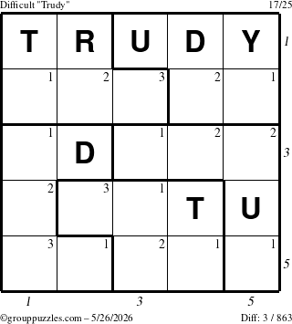 The grouppuzzles.com Difficult Trudy puzzle for Tuesday May 26, 2026 with all 3 steps marked