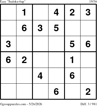 The grouppuzzles.com Easy Sudoku-6up puzzle for Tuesday May 26, 2026