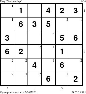 The grouppuzzles.com Easy Sudoku-6up puzzle for Tuesday May 26, 2026 with all 3 steps marked