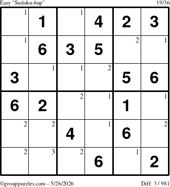 The grouppuzzles.com Easy Sudoku-6up puzzle for Tuesday May 26, 2026 with the first 3 steps marked