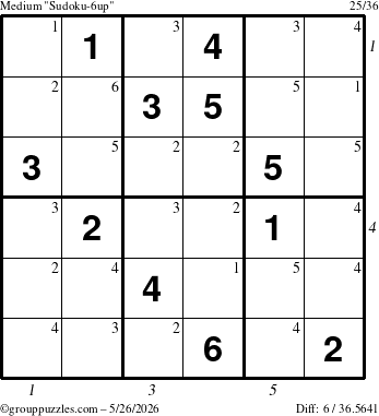 The grouppuzzles.com Medium Sudoku-6up puzzle for Tuesday May 26, 2026 with all 6 steps marked
